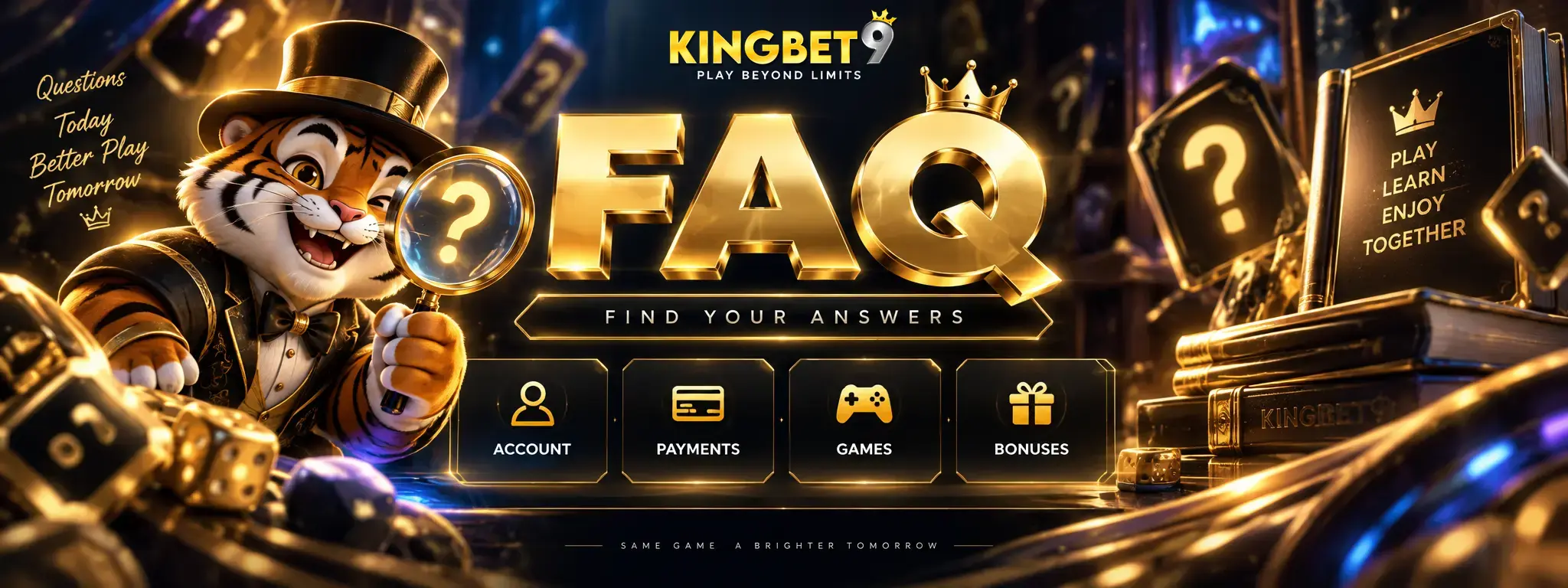 KINGBET9 FAQ banner featuring a tiger mascot holding a magnifying glass, with frequently asked question categories covering accounts, payments, games and bonuses.