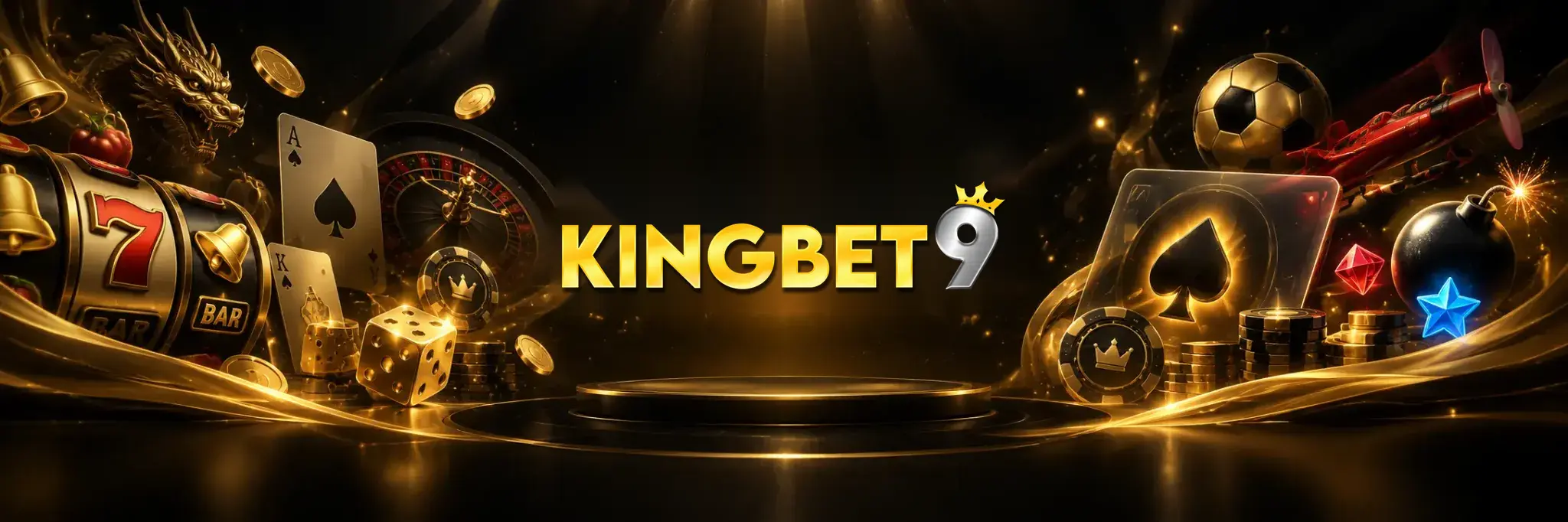 KINGBET9 online casino Australia gaming banner showcasing slot games, roulette, playing cards, golden dice, sports games and colourful gaming elements surrounding the KINGBET9 logo.
