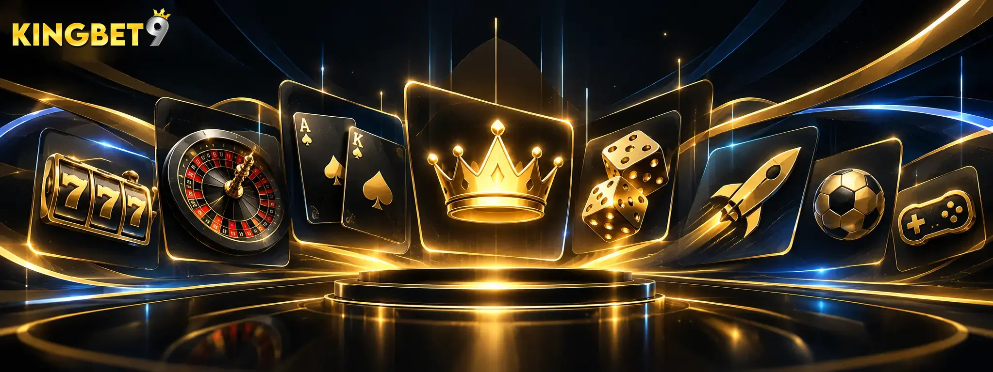 KINGBET9 Australia games banner featuring slot machines, roulette, playing cards, dice, sports and arcade games with a golden crown in a premium black and gold design.
