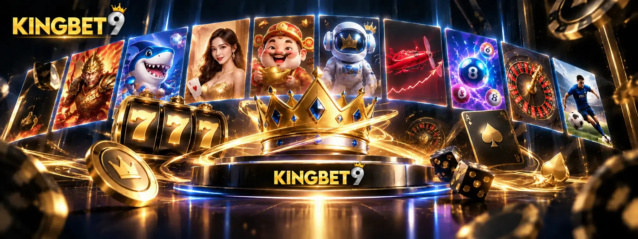 KINGBET9 Australia gaming banner showcasing slot games, live casino, sports games and colourful game characters with a golden crown and luxury black and gold theme.