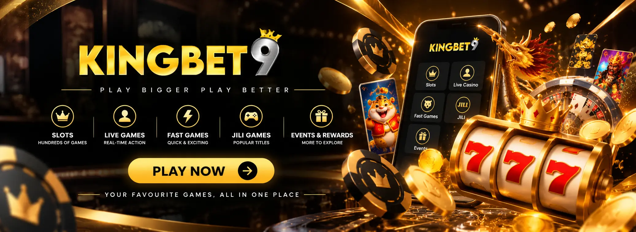 KINGBET9 online casino Australia homepage banner featuring slots, live casino, fast games, JILI games and exclusive rewards with a premium black and gold design.
