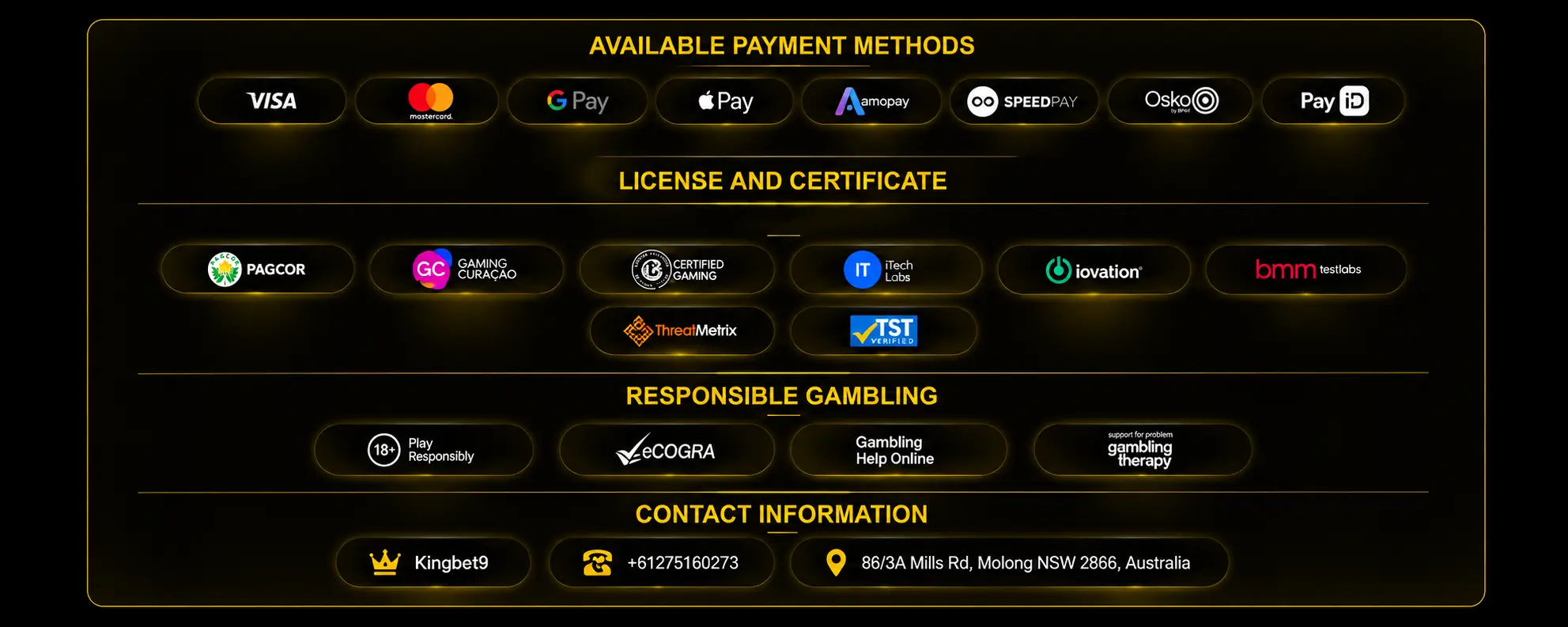 KINGBET9 payment methods and responsible gambling information