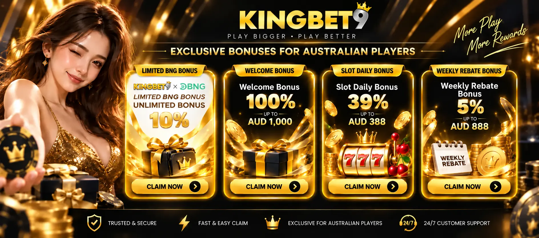 KINGBET9 Australia bonus banner featuring welcome bonus, daily bonus, weekly rebate rewards and exclusive promotions in a premium black and gold design.